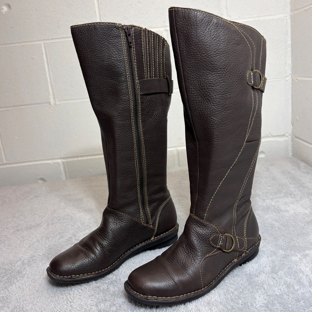 Clarks Riding Boots Womens 7.5M Brown Leather Knee High Boots Buckle & Side Zip